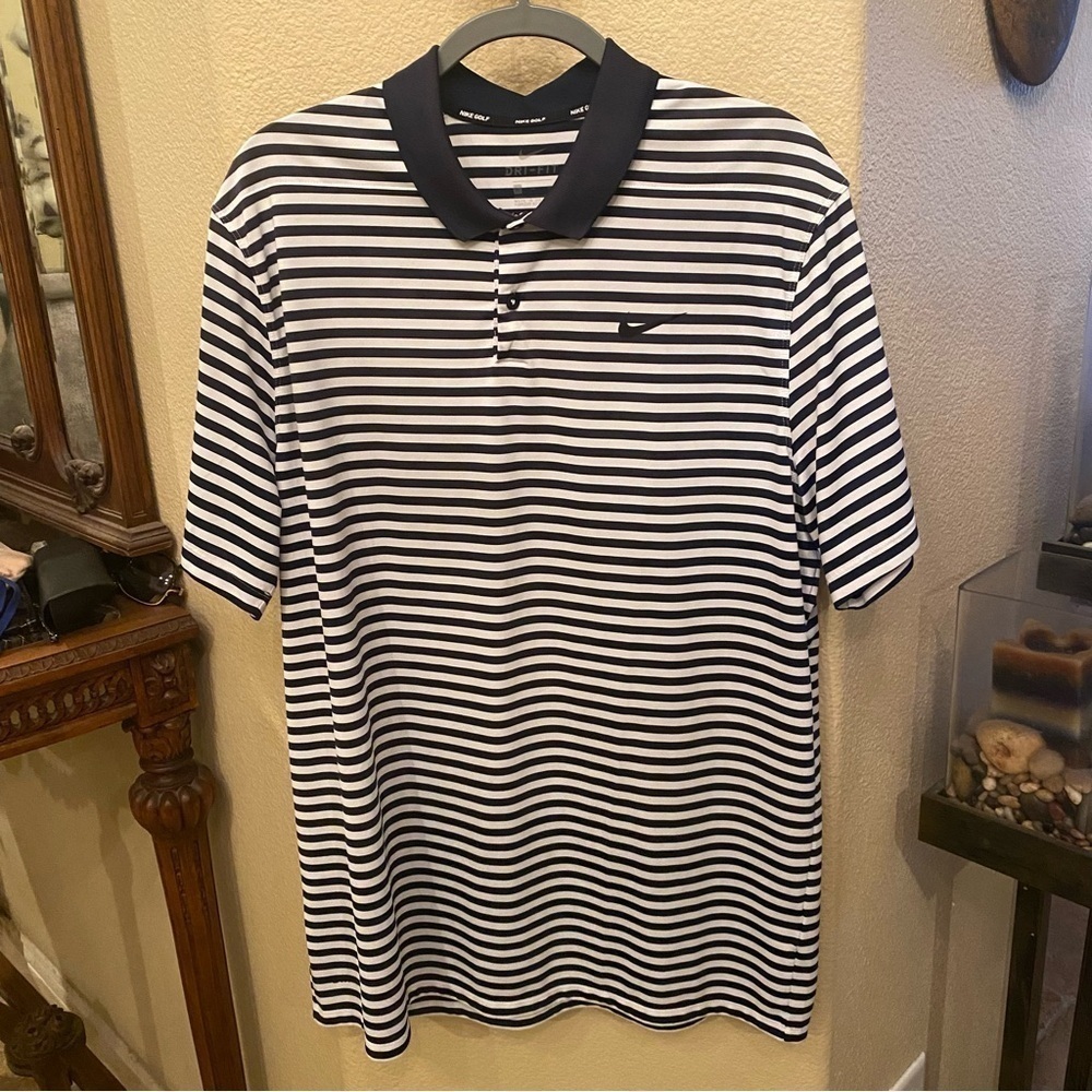 NIKE Men Blue White Striped Golf Polo Short Sleeve Top Size XL